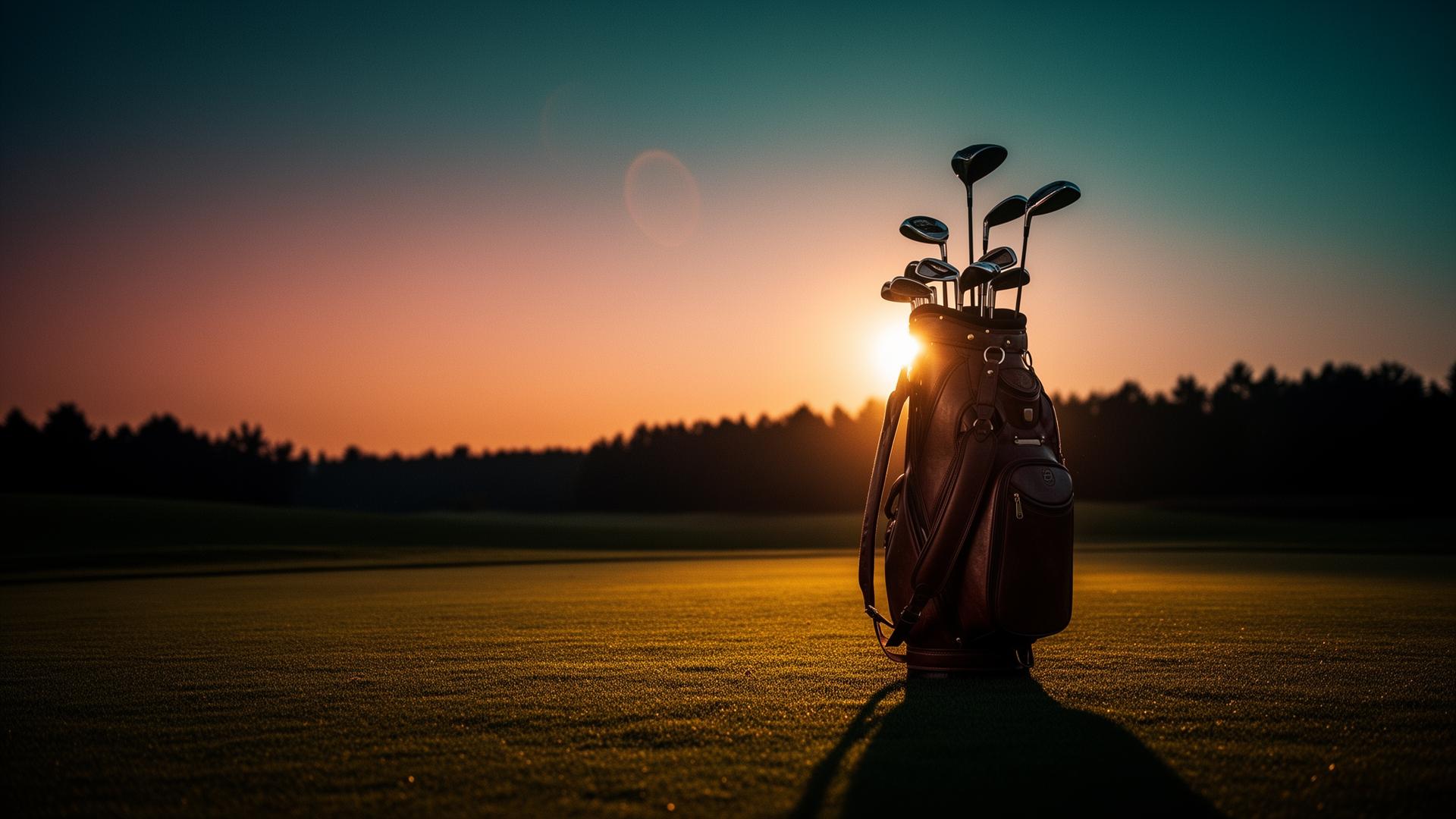 Luxury golf bag on a rolling fairway at dusk, sun setting behind